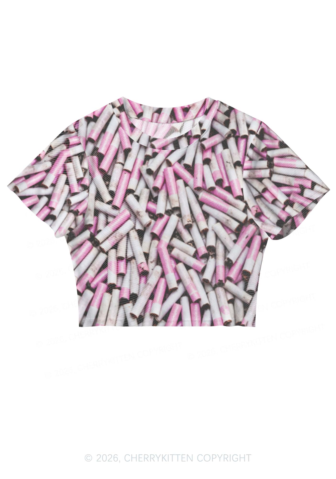 Pink White Cigarette Y2K Mesh Crop Top Cherrykitten