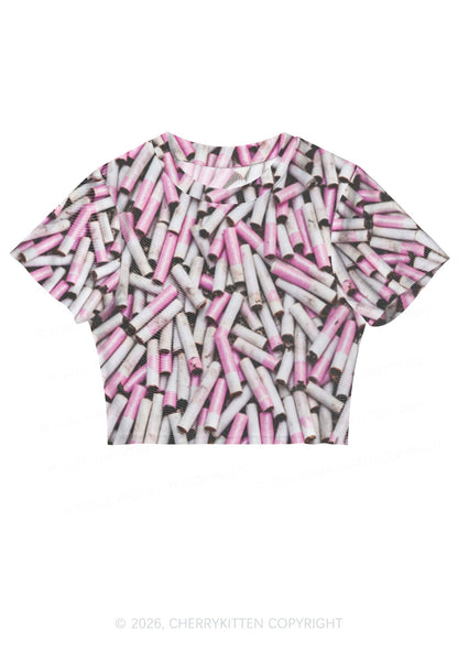 Pink White Cigarette Y2K Mesh Crop Top Cherrykitten