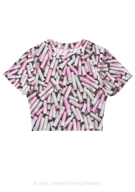 Pink White Cigarette Y2K Mesh Crop Top Cherrykitten