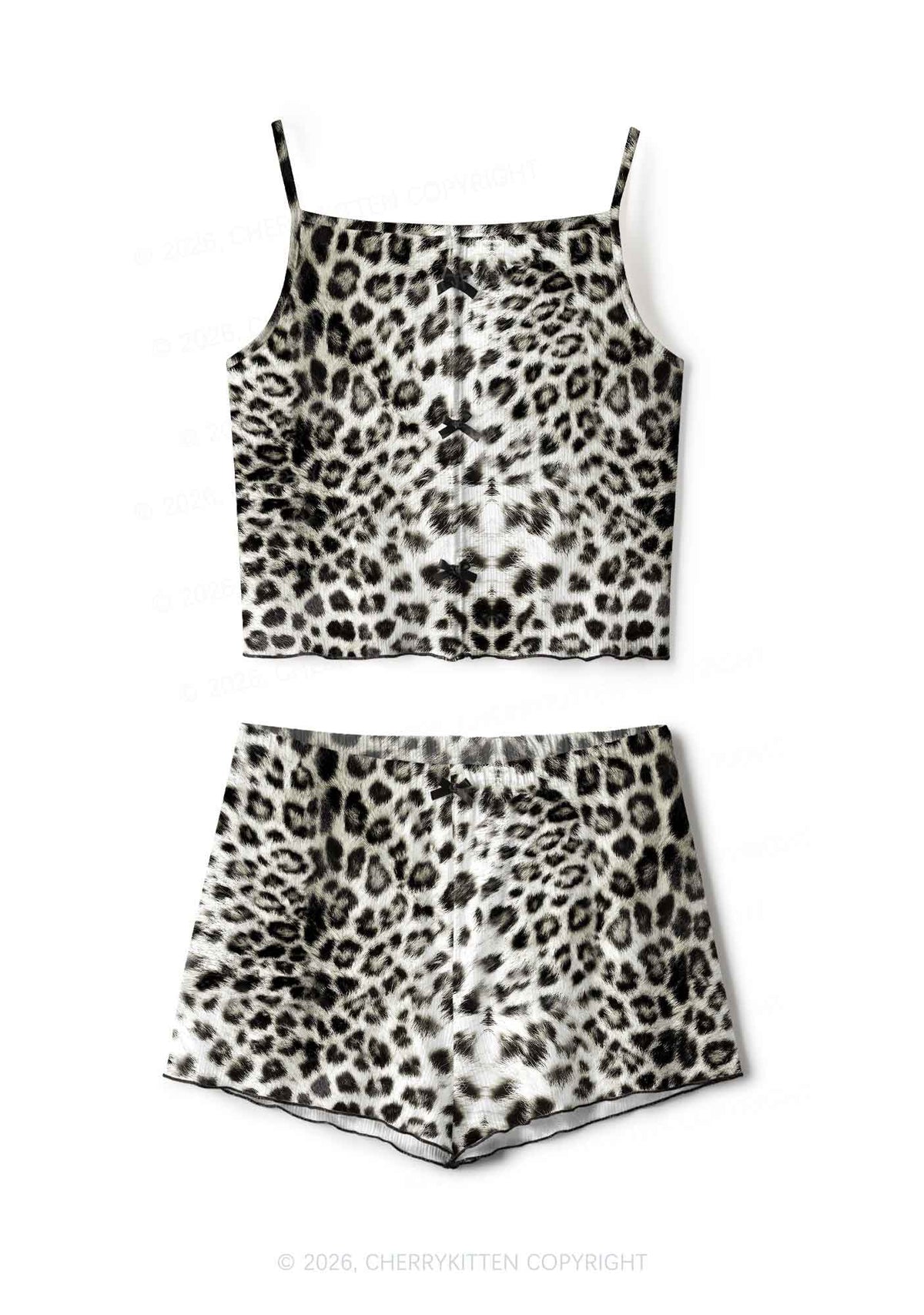 Snow Leopard Y2K Print Cami Shorts Pajama Set Cherrykitten