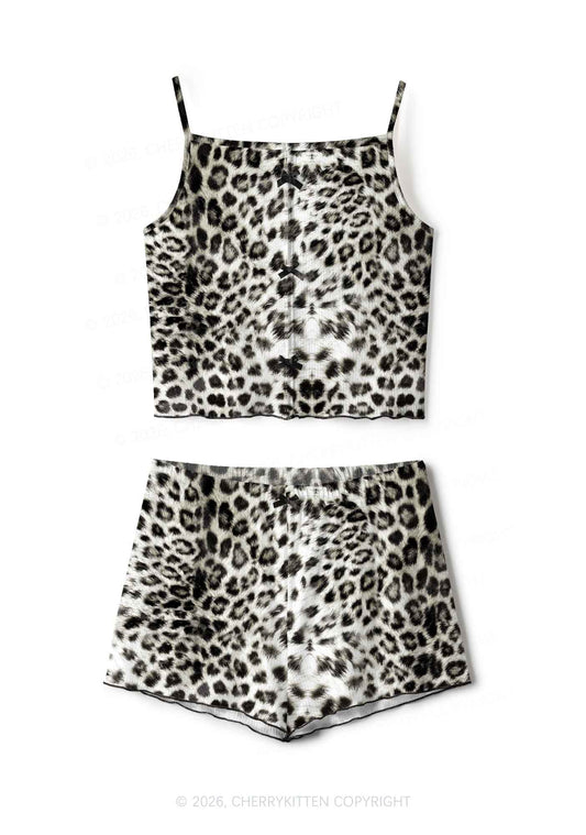 Snow Leopard Y2K Print Cami Shorts Pajama Set Cherrykitten