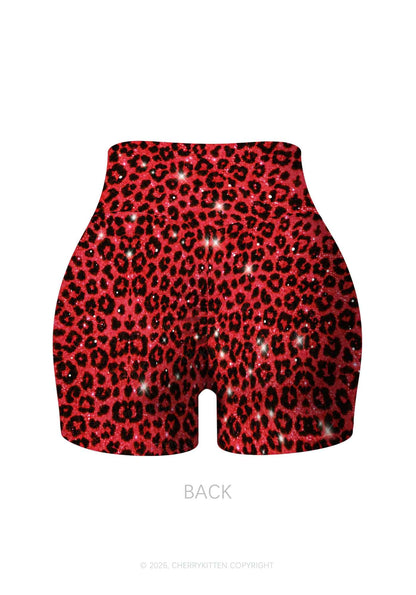 Bright Red Leopard Y2K Print Gym Shorts Cherrykitten