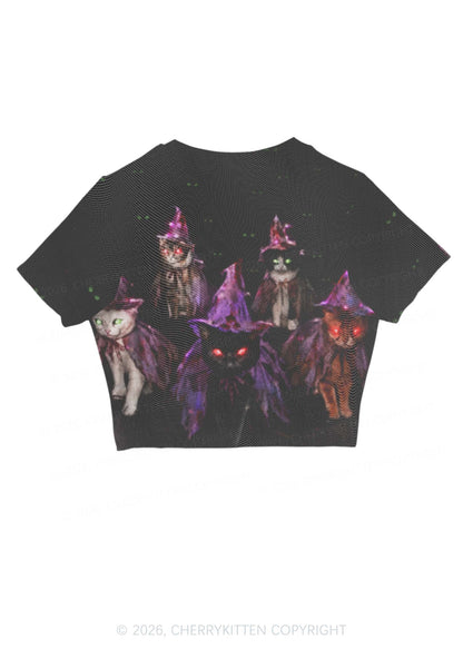Halloween Purple Witch Hats Cat Y2K Mesh Crop Top Cherrykitten