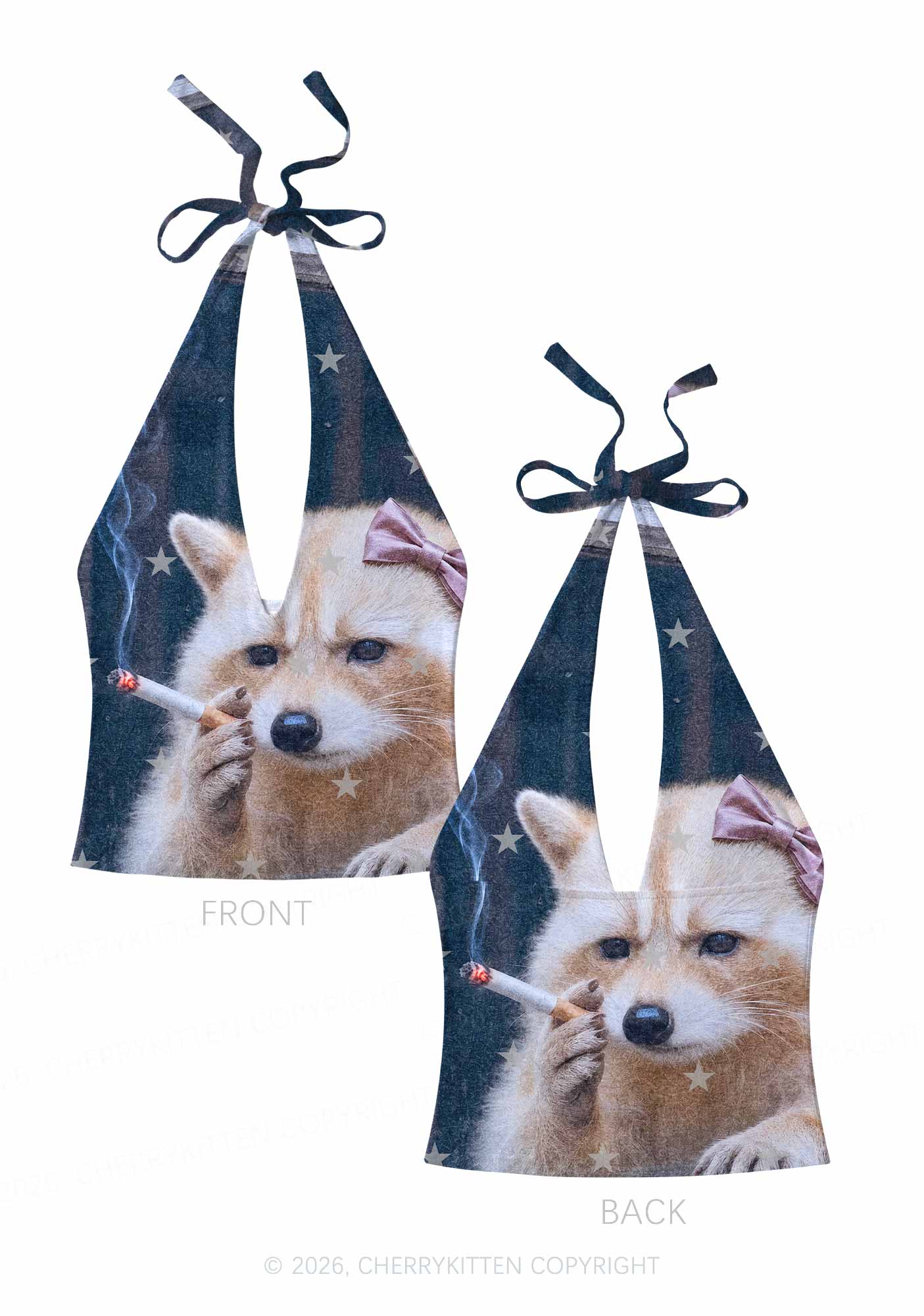 Pink Bow Smoking Raccoon Y2K Print Halter Deep V Neck Cami Cherrykitten