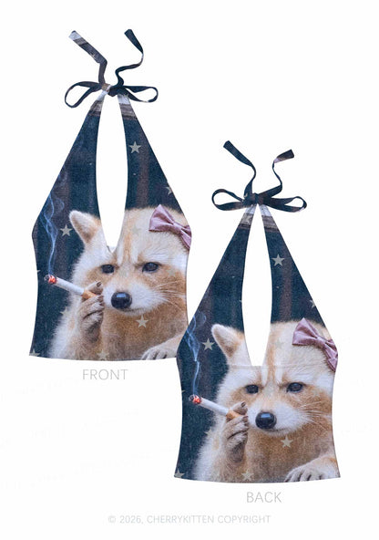 Pink Bow Smoking Raccoon Y2K Print Halter Deep V Neck Cami Cherrykitten