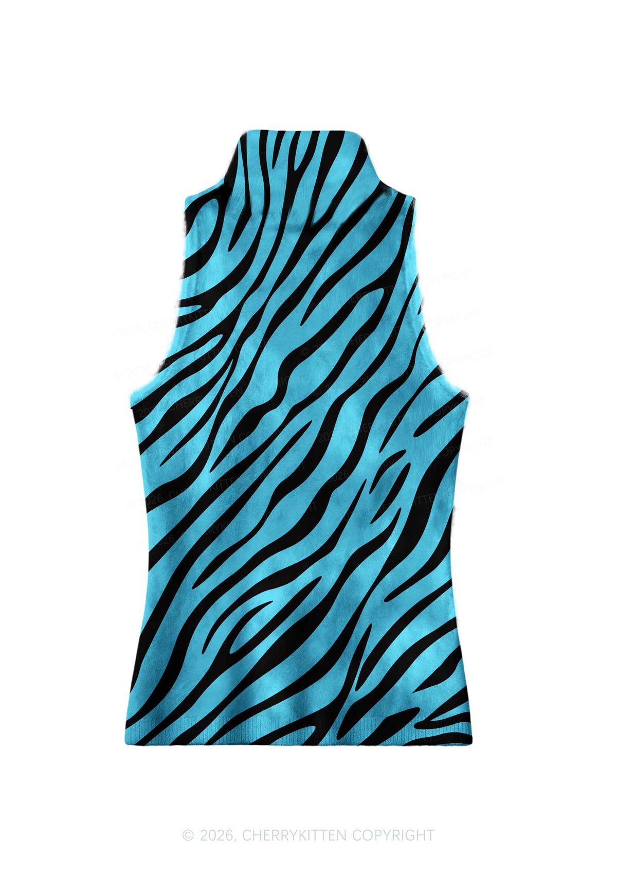 Mint Blue Zebra Stripe Y2K Knit Turtleneck Tank Top Cherrykitten