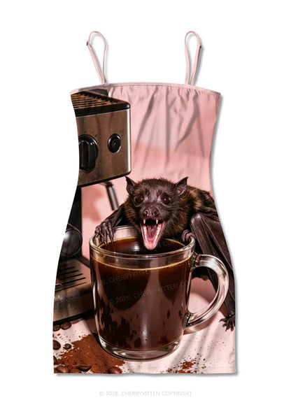 Halloween Bat Coffee Y2K Print Slip Dress Cherrykitten