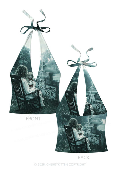 Halloween Graveyard Doll Y2K Print Halter Deep V Neck Cami Cherrykitten