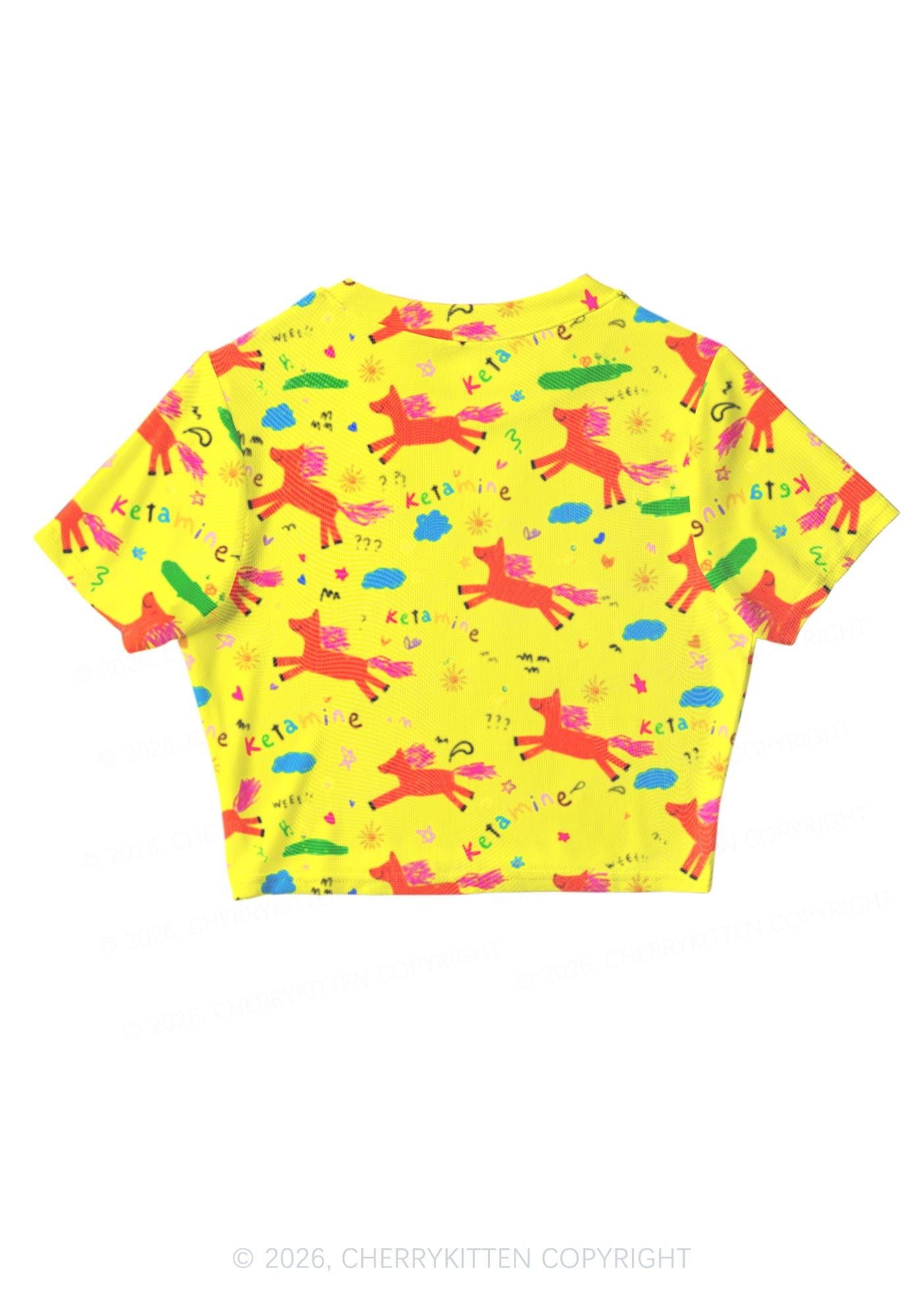 Orange Pony On Yellow Y2K Mesh Crop Top Cherrykitten