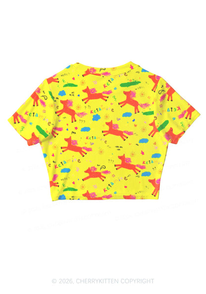 Orange Pony On Yellow Y2K Mesh Crop Top Cherrykitten
