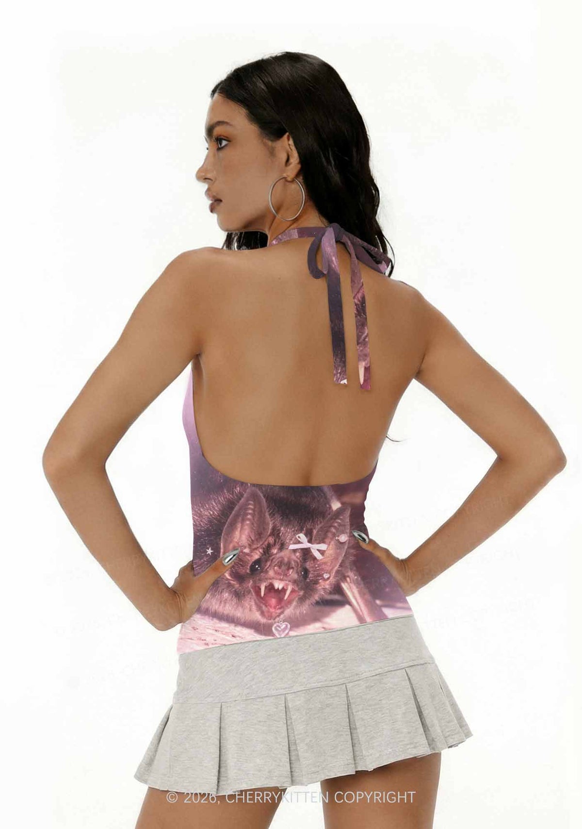 Halloween Pink Bow Bat Y2K Print Halter Deep V Neck Cami Cherrykitten