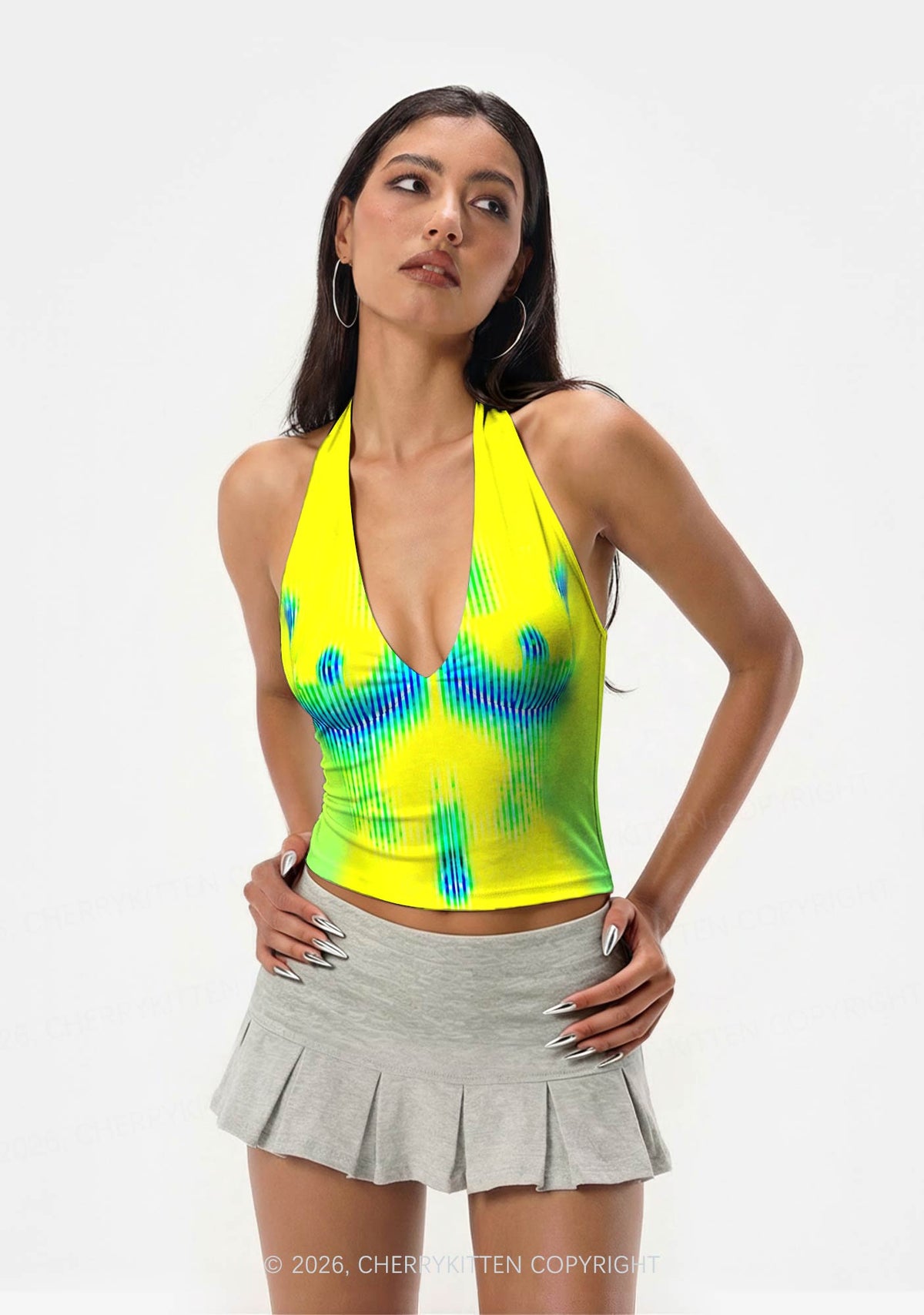 Yellow Thermal Female Body Y2K Print Halter Deep V Neck Cami Cherrykitten