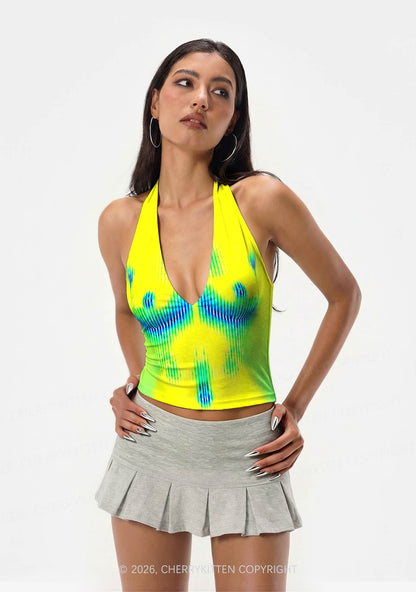 Yellow Thermal Female Body Y2K Print Halter Deep V Neck Cami Cherrykitten