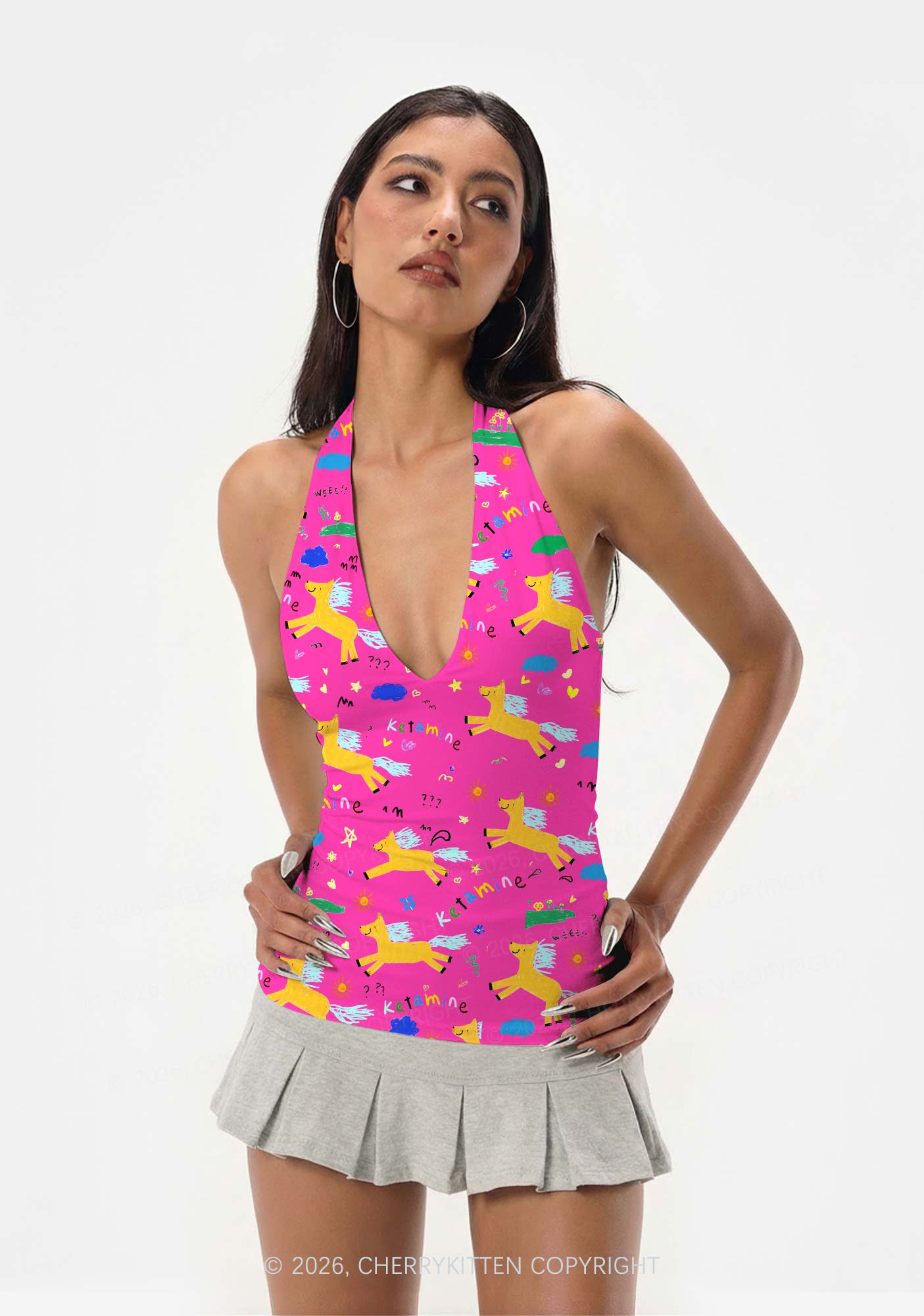 Orange Pony On Hot Pink Y2K Print Halter Deep V Neck Cami Cherrykitten