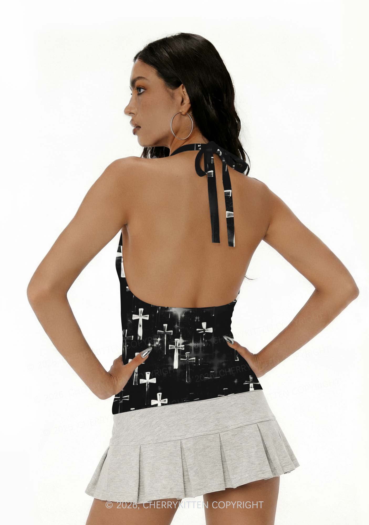 Halloween Silver Cross On Black Y2K Print Halter Deep V Neck Cami Cherrykitten