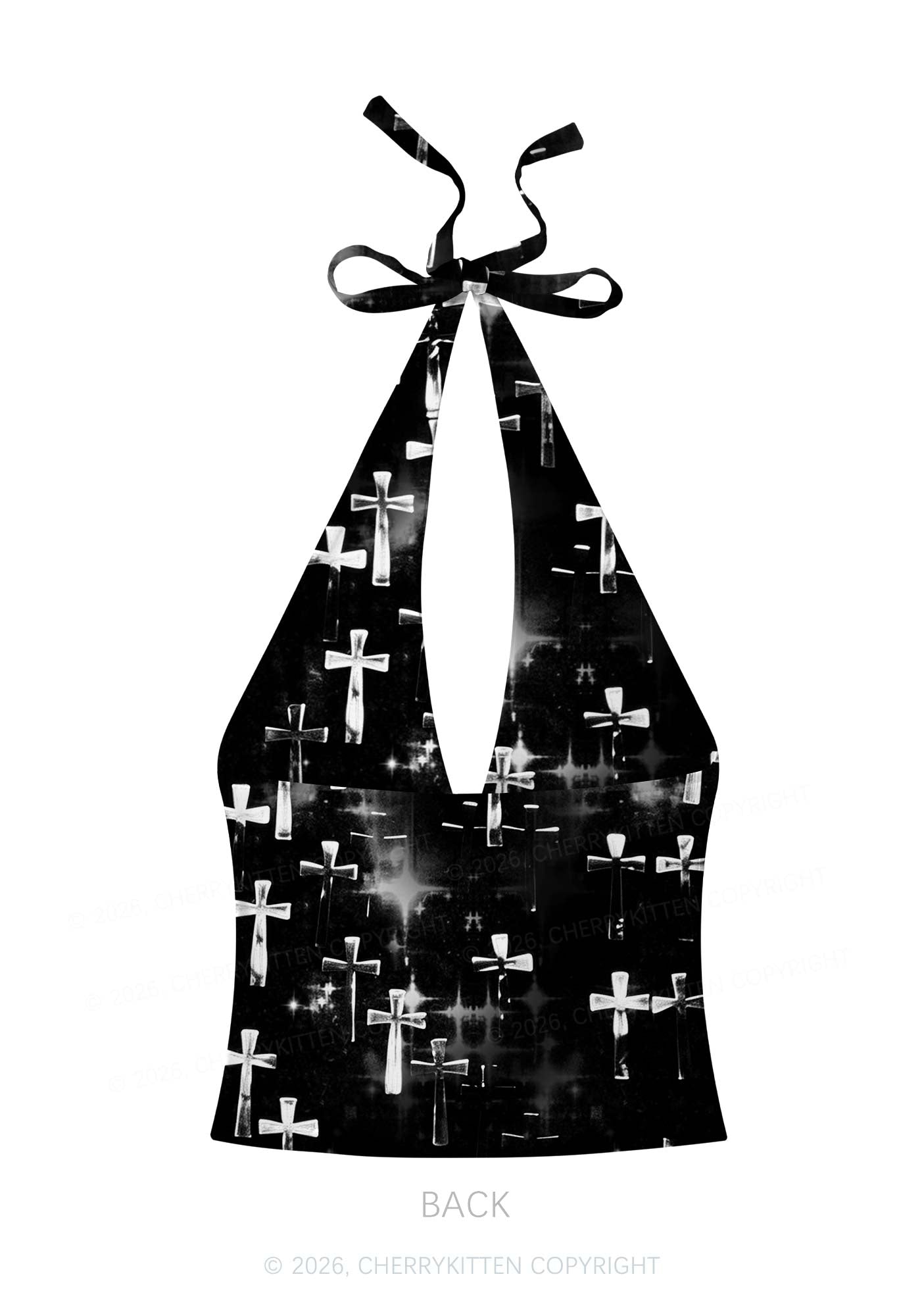 Halloween Silver Cross On Black Y2K Print Halter Deep V Neck Cami Cherrykitten