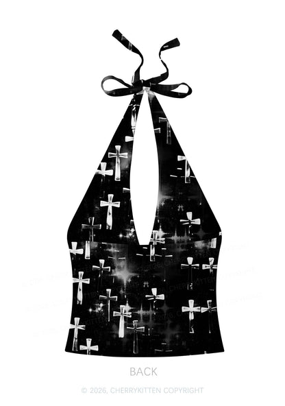 Halloween Silver Cross On Black Y2K Print Halter Deep V Neck Cami Cherrykitten