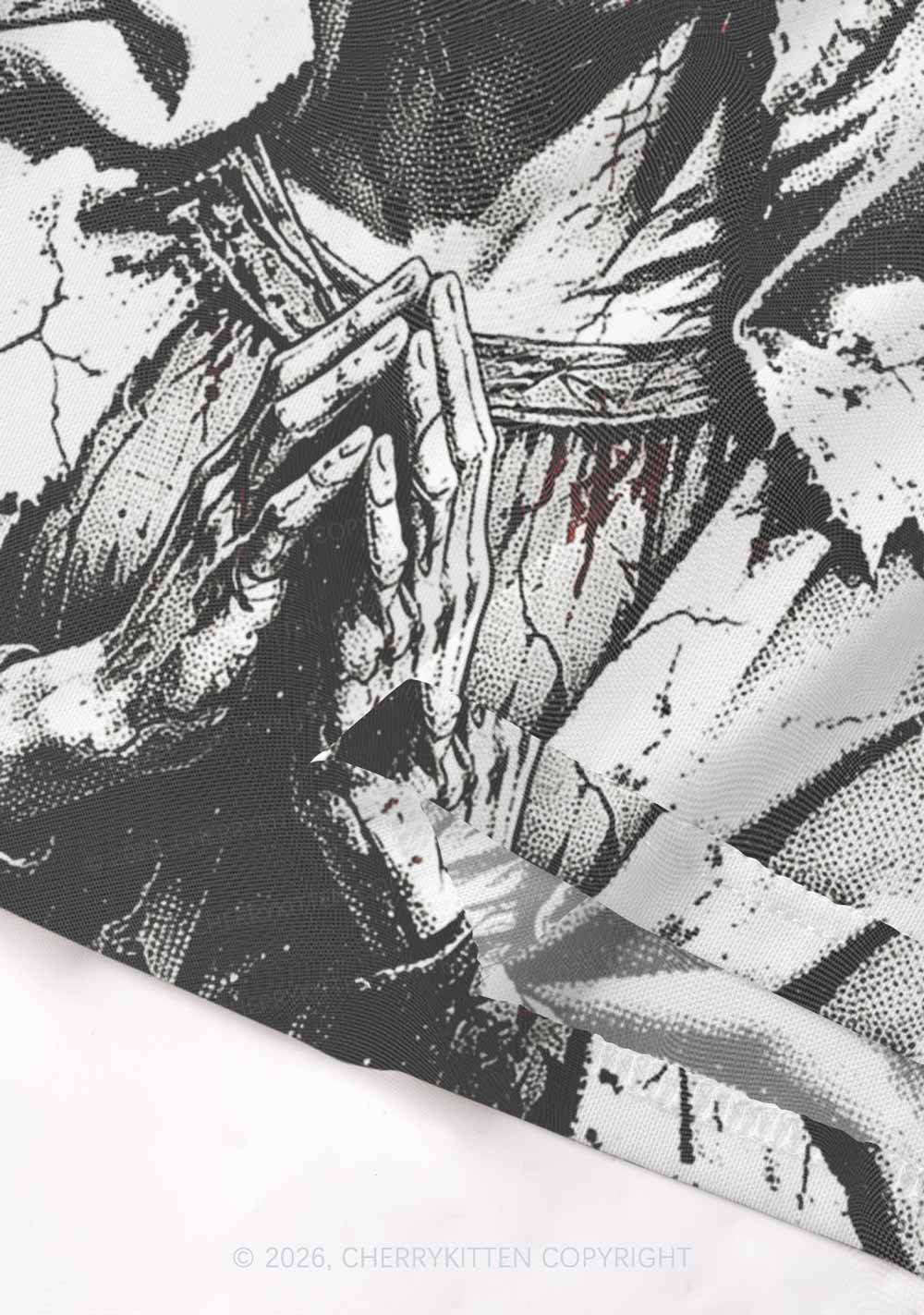 Halloween Decaying Prayer Figure Y2K Mesh Crop Top Cherrykitten