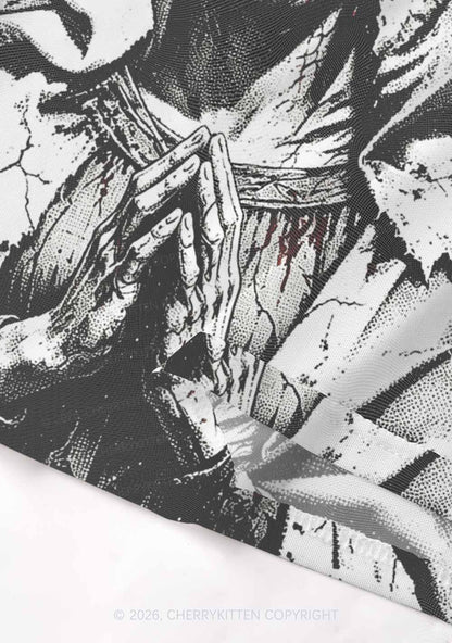 Halloween Decaying Prayer Figure Y2K Mesh Crop Top Cherrykitten