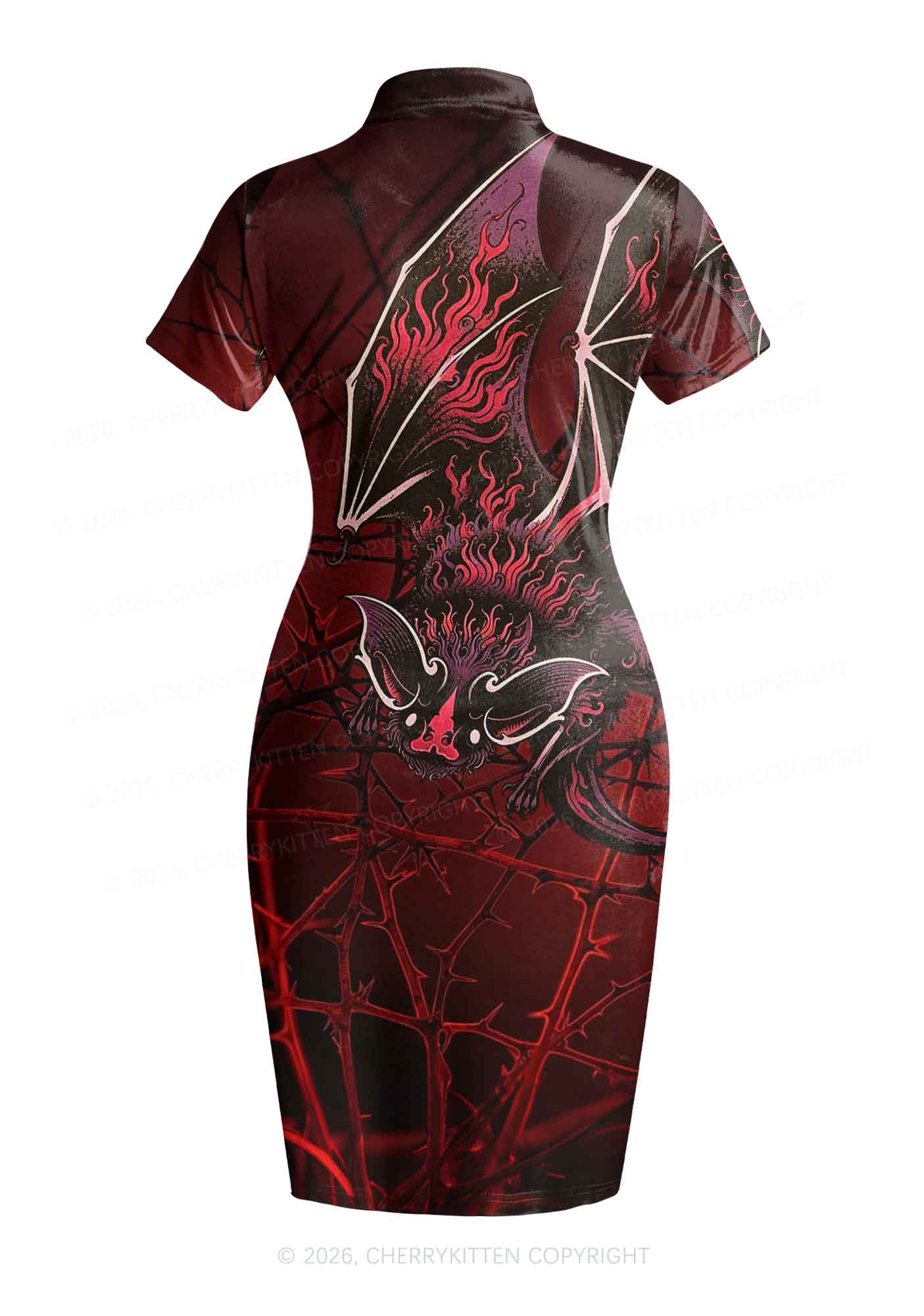 Halloween Flaming Bat Thorn Web Y2K Cheongsam Mini Dress Cherrykitten