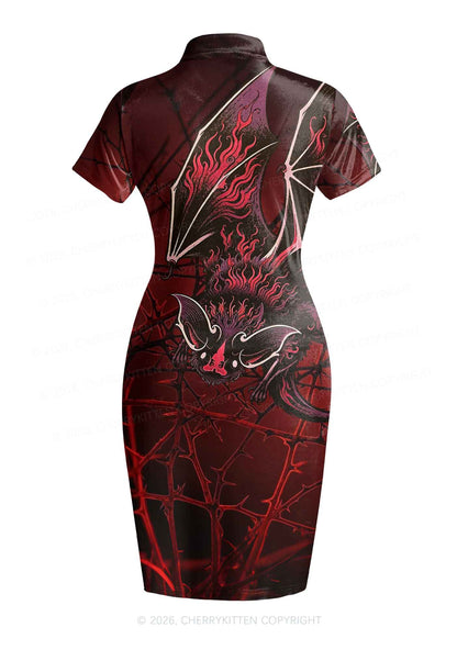 Halloween Flaming Bat Thorn Web Y2K Cheongsam Mini Dress Cherrykitten