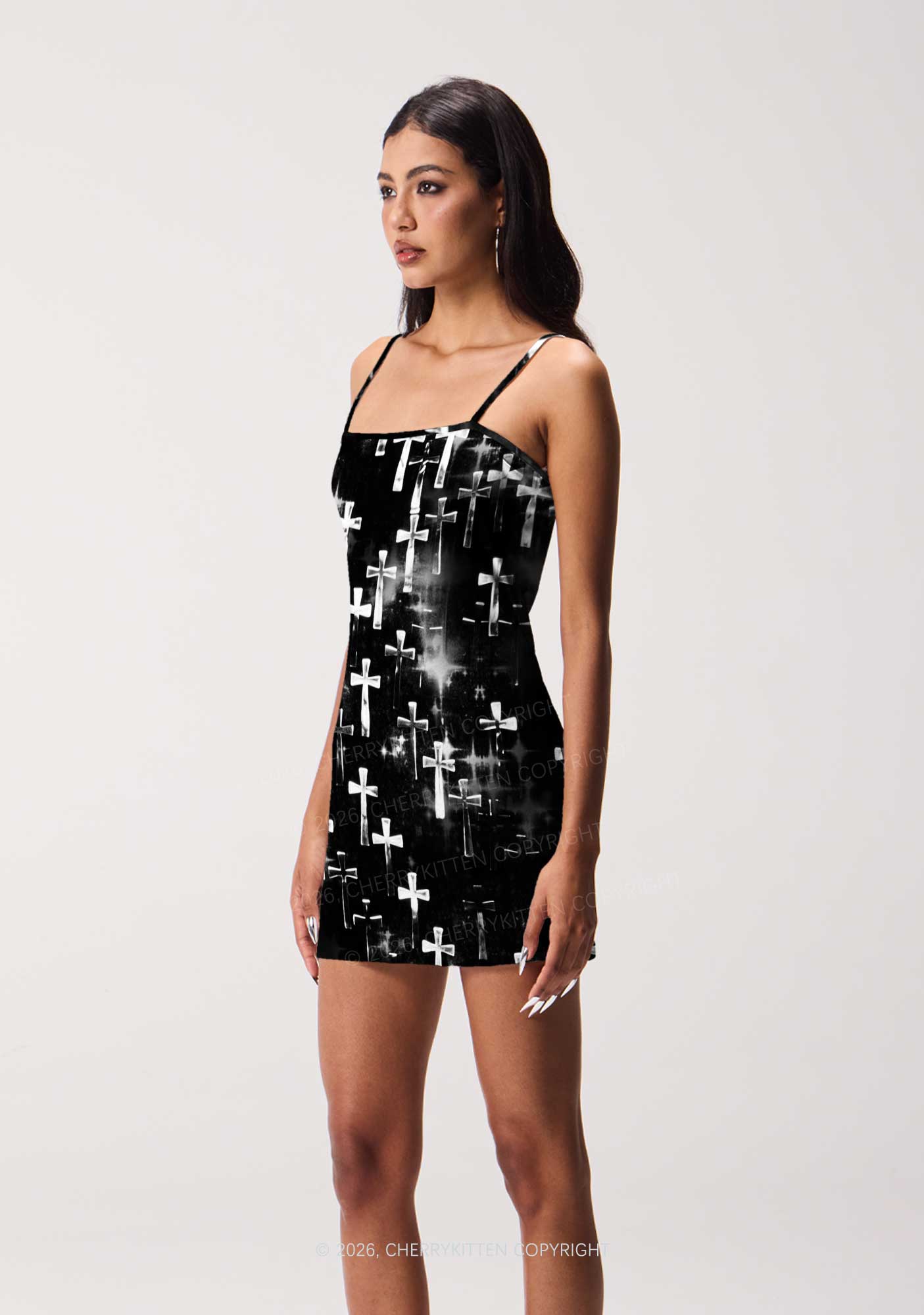 Halloween Silver Cross On Black Y2K Print Slip Dress Cherrykitten