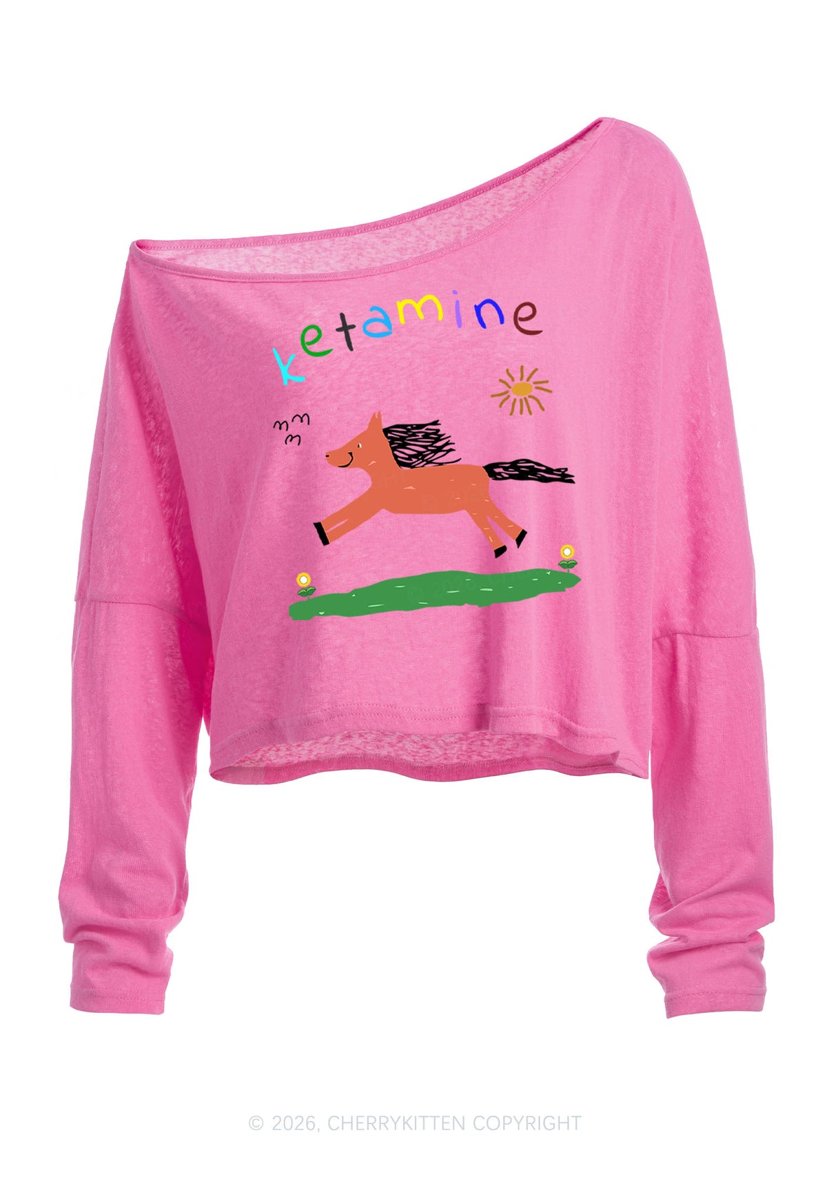 Orange Pony Y2K Off Shoulder Long Sleeve Crop Top Cherrykitten