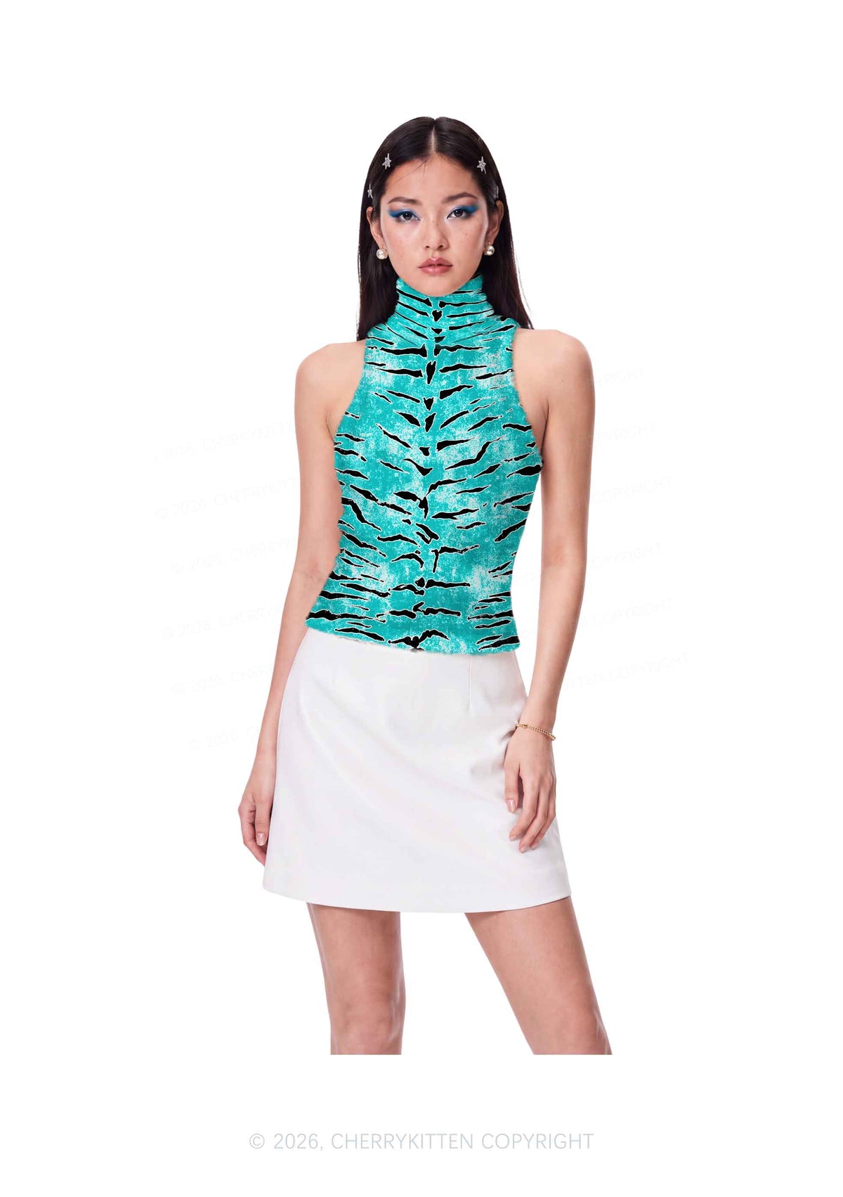 Mint Blue Tiger Stripe Y2K Knit Turtleneck Tank Top Cherrykitten