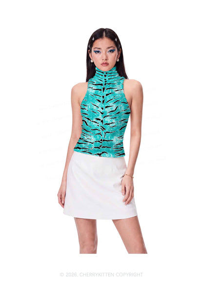 Mint Blue Tiger Stripe Y2K Knit Turtleneck Tank Top Cherrykitten