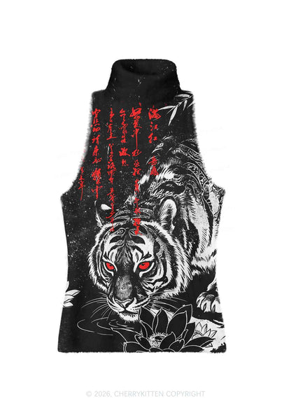 Red Eyes Tiger Y2K Knit Turtleneck Tank Top Cherrykitten