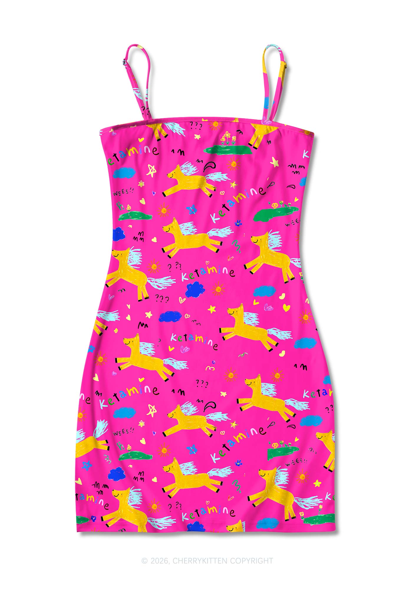 Orange Pony On Hot Pink Y2K Print Slip Dress Cherrykitten