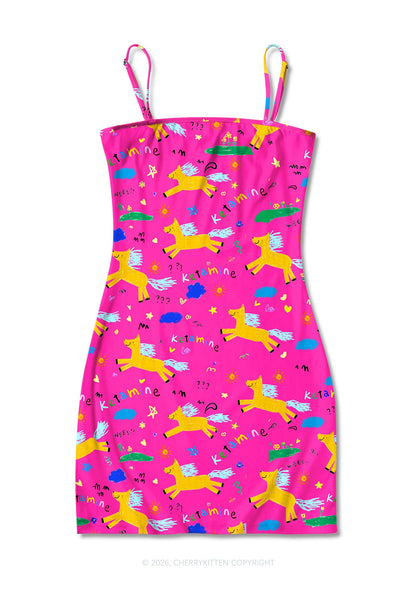 Orange Pony On Hot Pink Y2K Print Slip Dress Cherrykitten