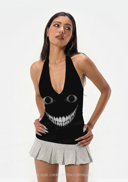 Halloween Black Creepy Grin Y2K Print Halter Deep V Neck Cami Cherrykitten