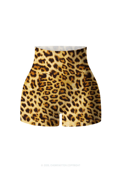 Brown Leopard Y2K Print Gym Shorts Cherrykitten