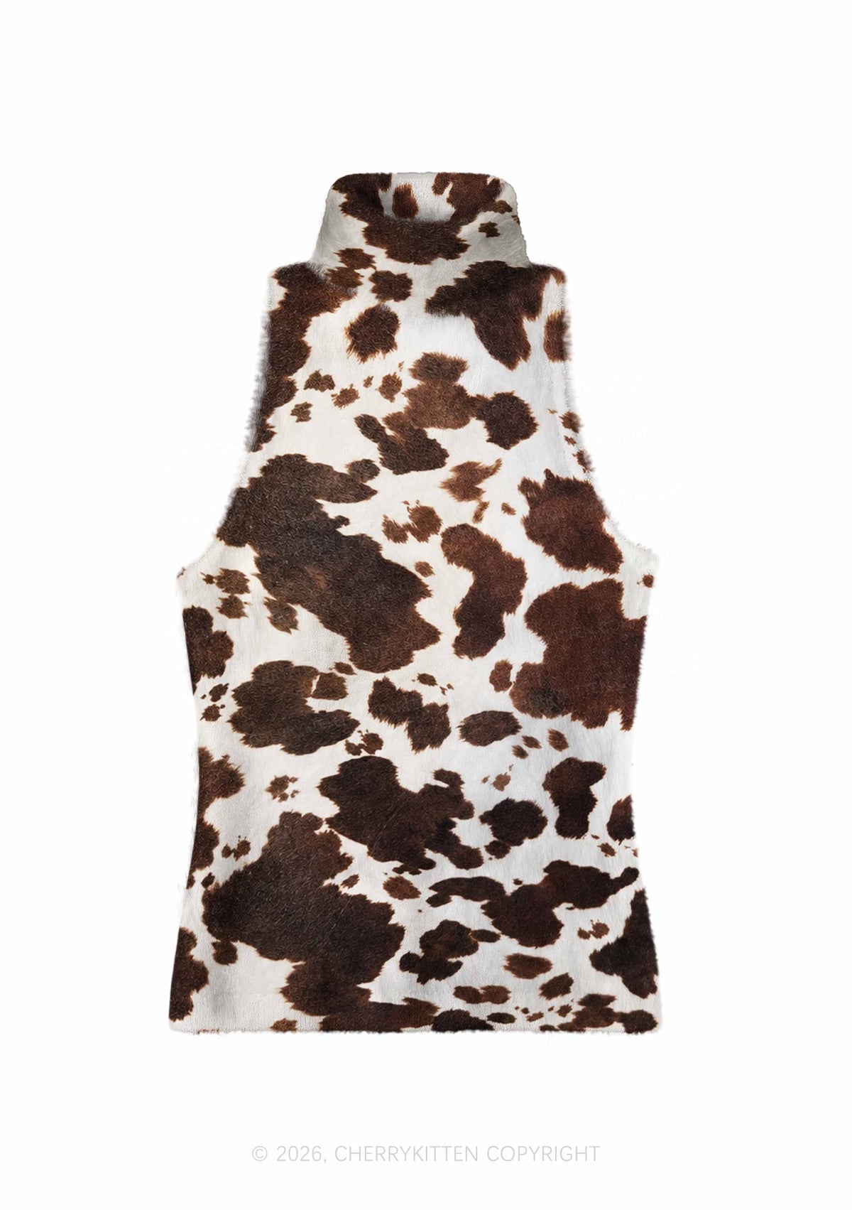 Brown And White Cow Dots Y2K Knit Turtleneck Tank Top Cherrykitten