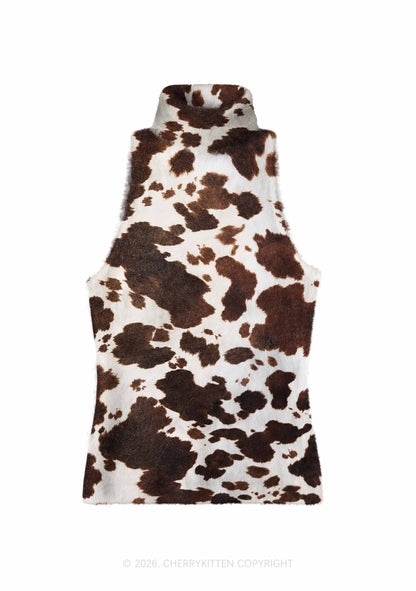 Brown And White Cow Dots Y2K Knit Turtleneck Tank Top Cherrykitten