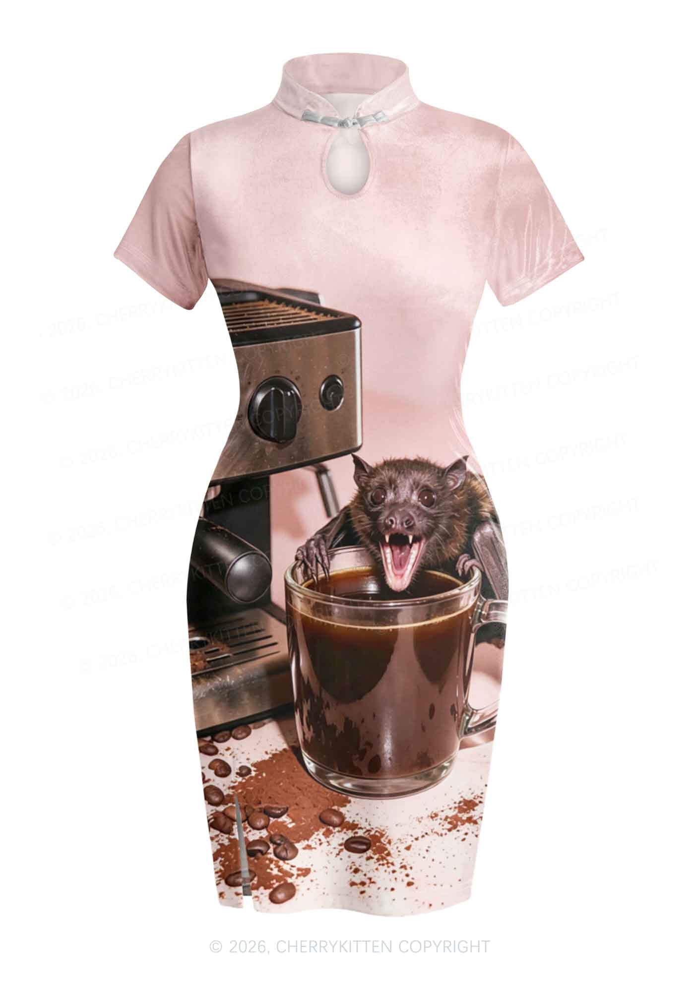 Halloween Bat Coffee Y2K Cheongsam Mini Dress Cherrykitten