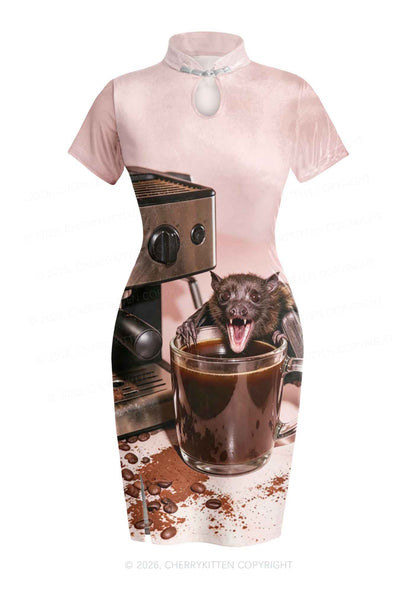 Halloween Bat Coffee Y2K Cheongsam Mini Dress Cherrykitten