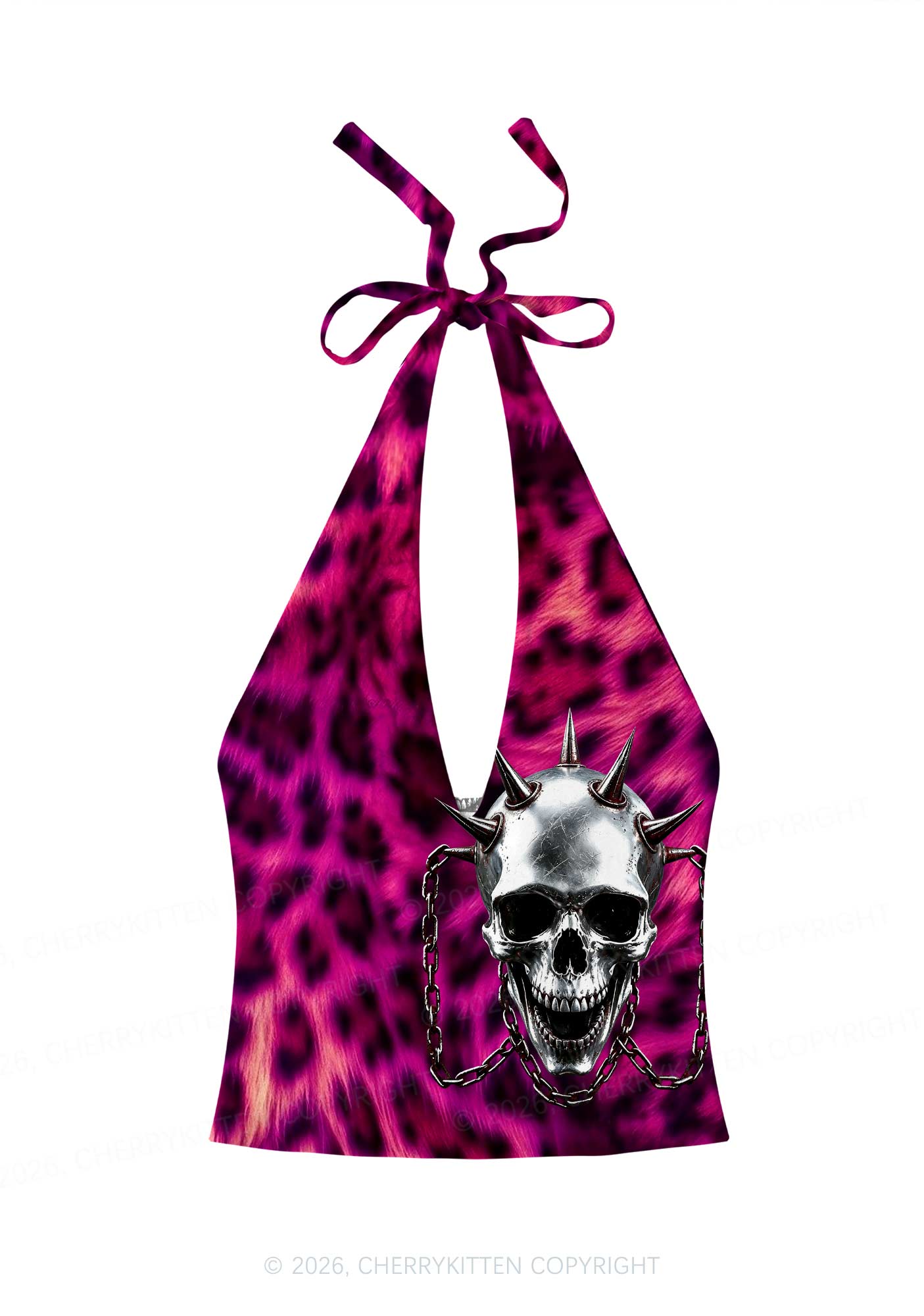Halloween Spiked Skull Leopard Y2K Print Halter Deep V Neck Cami Cherrykitten