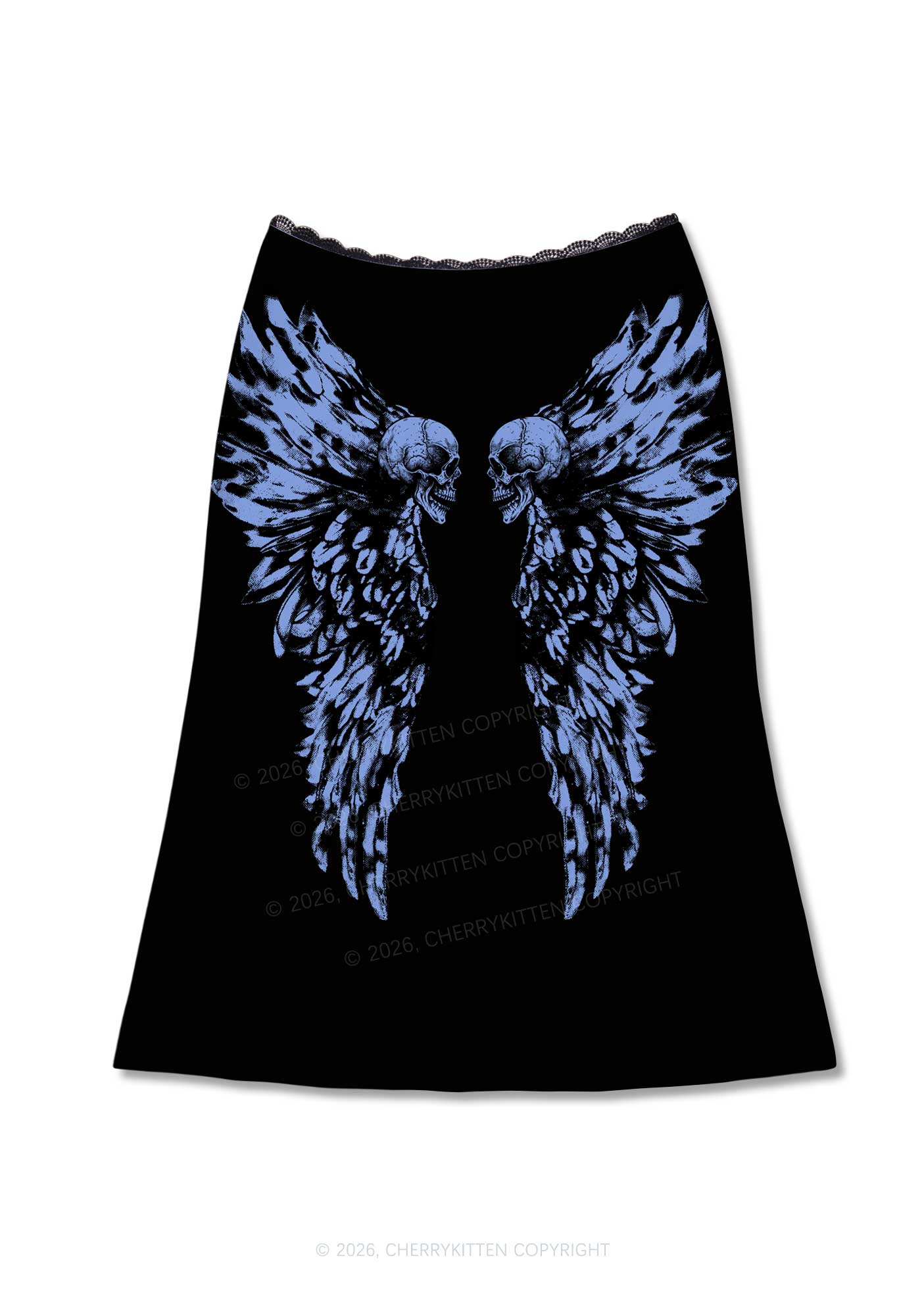 Halloween Blue Skull Angel Wings Y2K Print Midi Skirt Cherrykitten