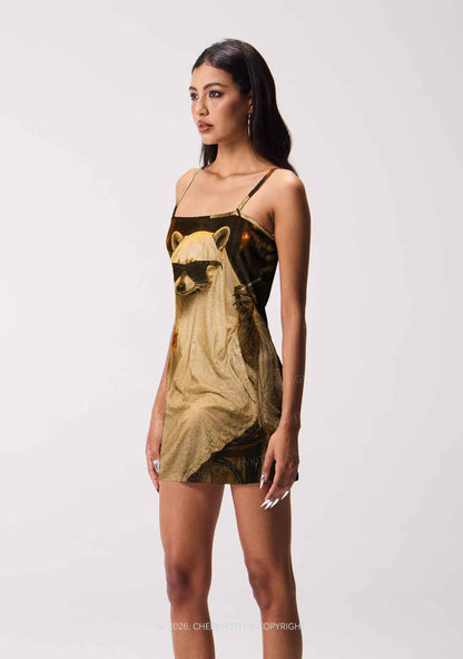 Halloween Ghost Raccoon Bar Y2K Print Slip Dress Cherrykitten