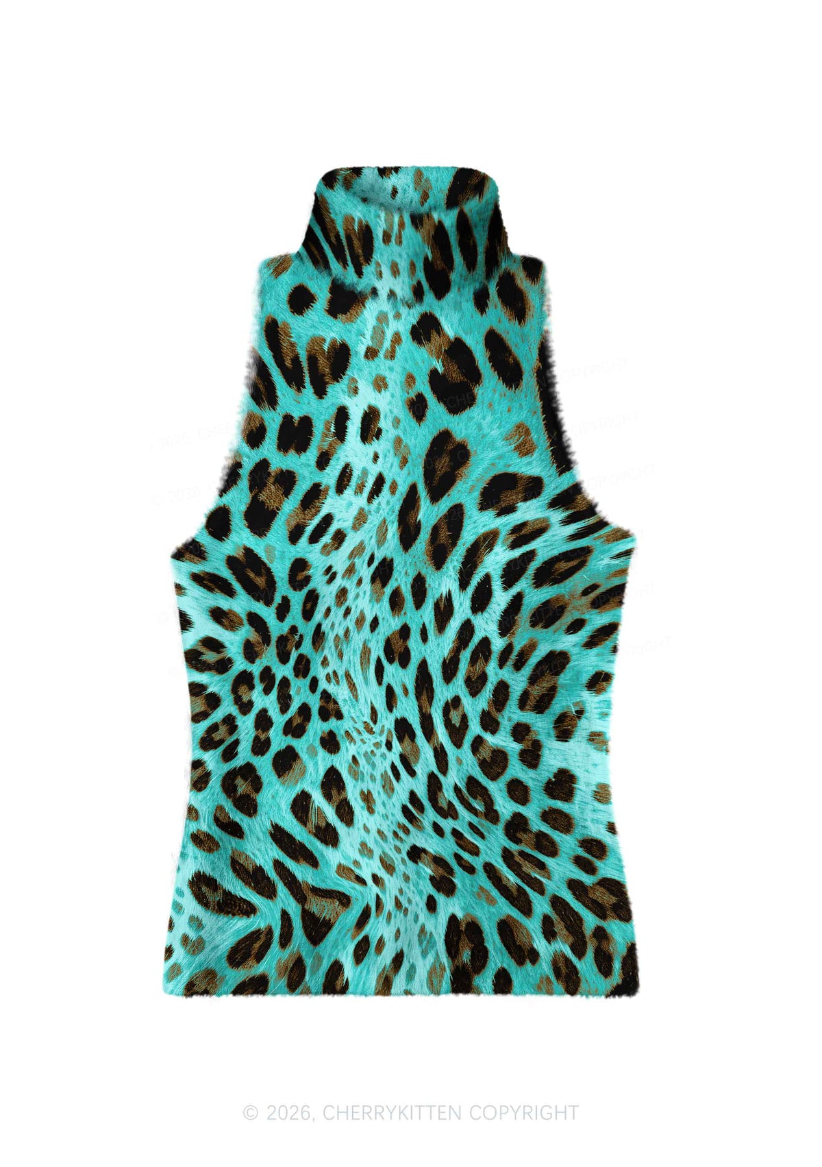 Mint Blue Leopard Y2K Knit Turtleneck Tank Top Cherrykitten