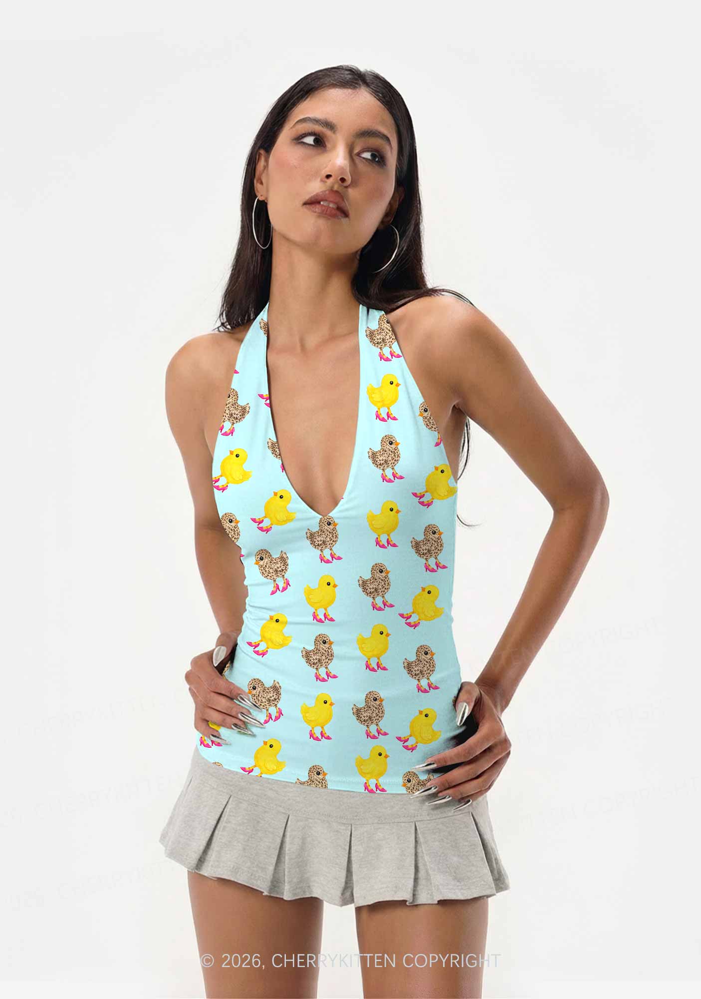 Chicks In Pink High Heels Y2K Print Halter Deep V Neck Cami Cherrykitten