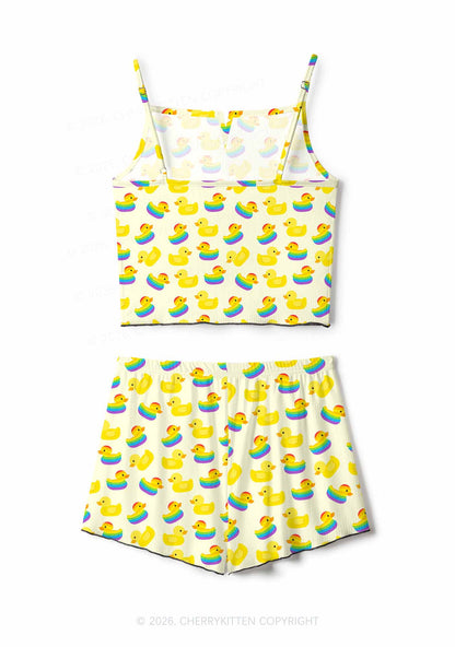 Rainbow Ducks Pride Y2K Print Cami Shorts Pajama Set Cherrykitten