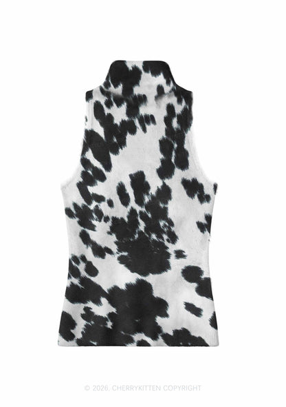 Black And White Cow Dots Y2K Knit Turtleneck Tank Top Cherrykitten