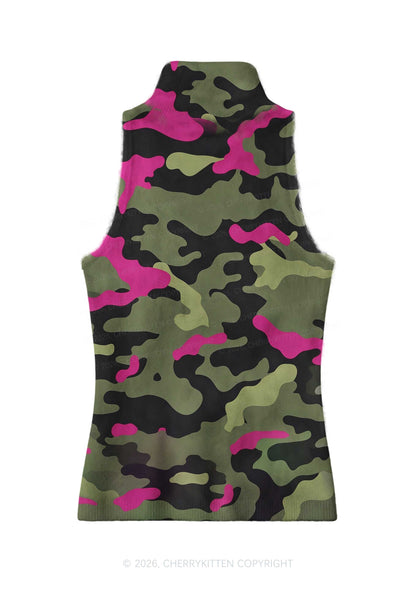 Green And Hot Pink Camo Y2K Knit Turtleneck Tank Top Cherrykitten