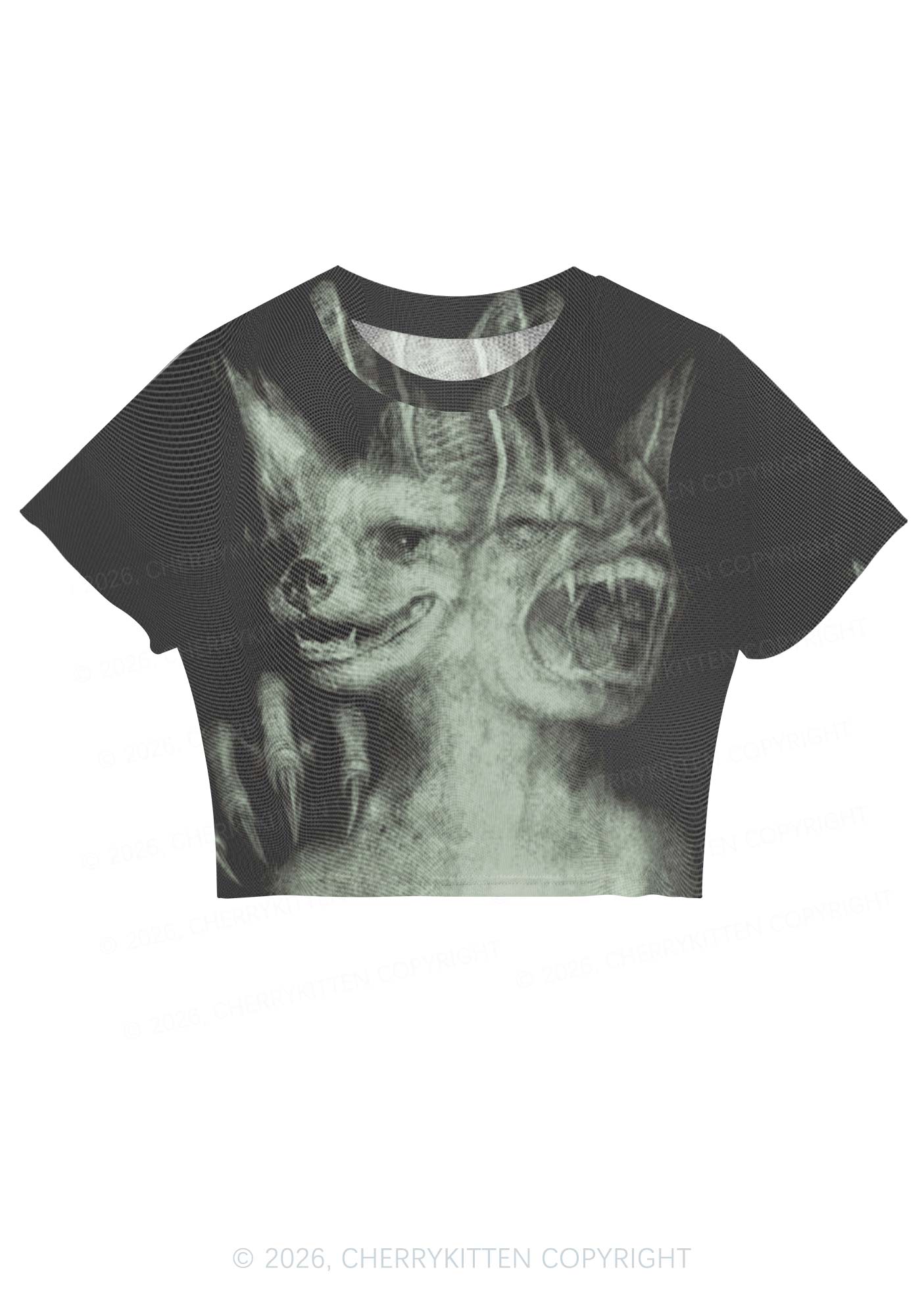 Halloween Two Head Monster Y2K Mesh Crop Top Cherrykitten
