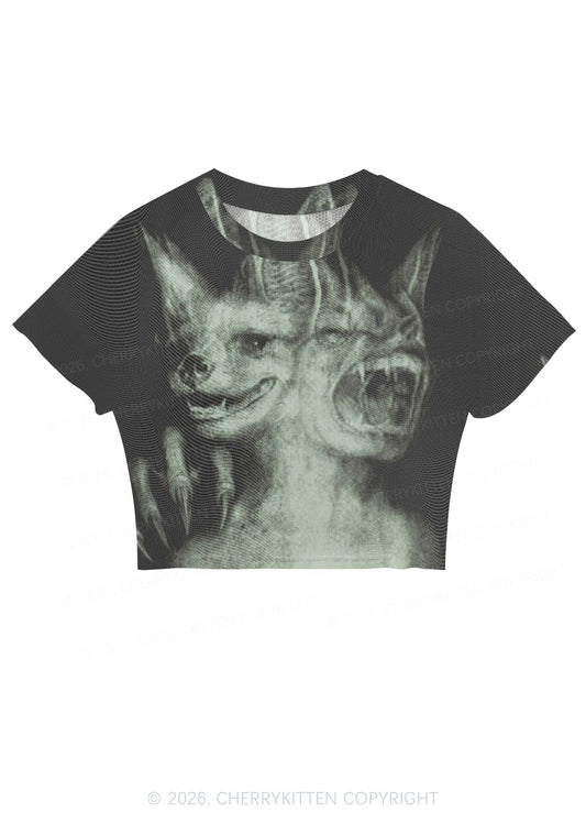 Halloween Two Head Monster Y2K Mesh Crop Top Cherrykitten