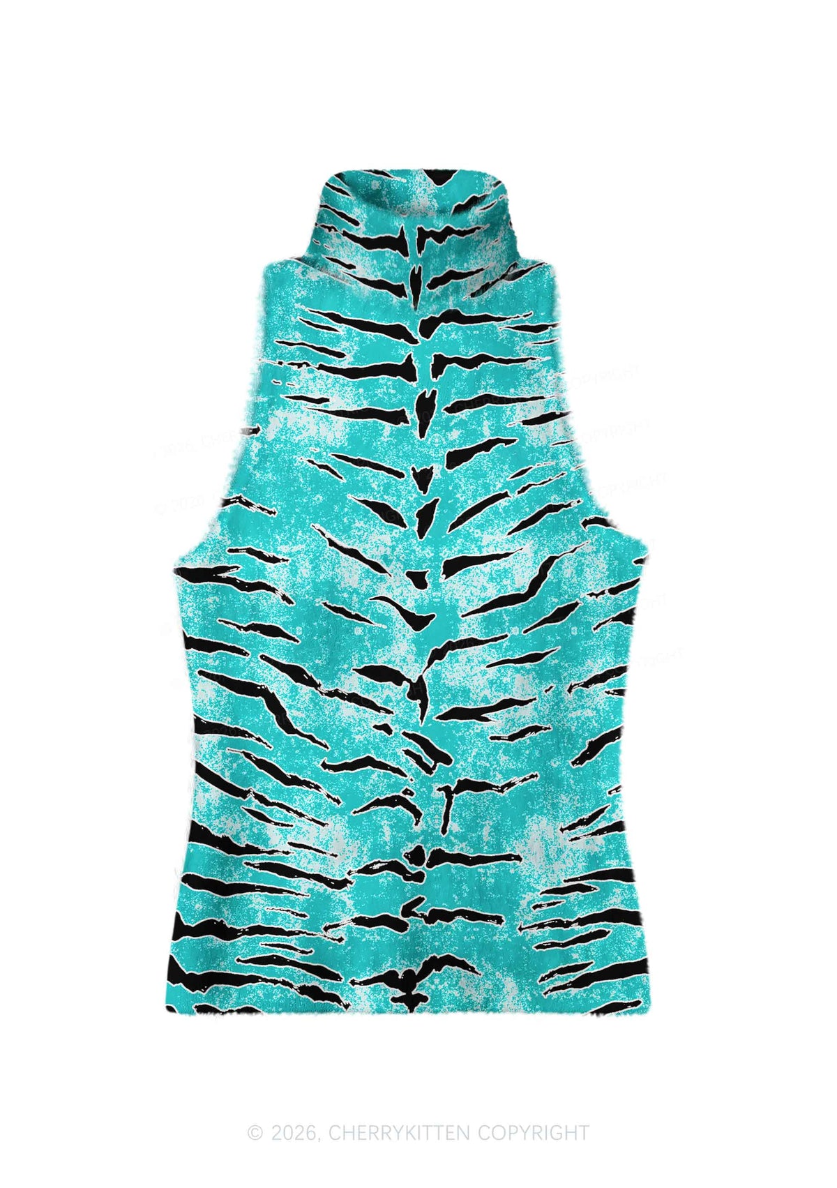 Mint Blue Tiger Stripe Y2K Knit Turtleneck Tank Top Cherrykitten
