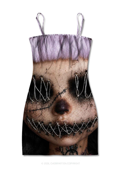 Halloween Metal Wire Face Y2K Print Slip Dress Cherrykitten